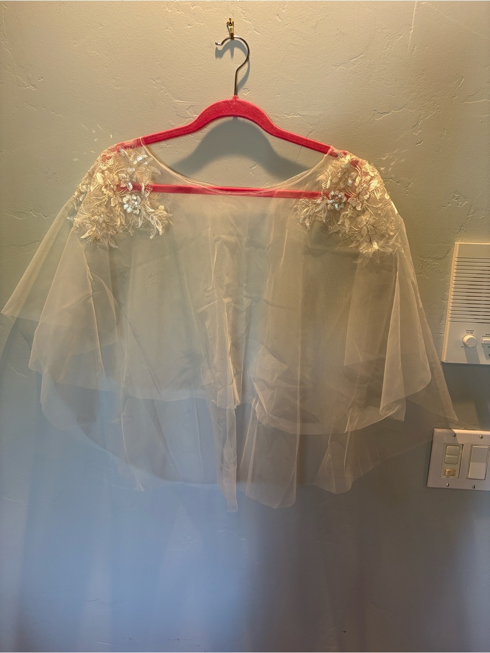 Embroidered Bridal Cape with Floral Lace Applique with Sequins - Cream/White - Picture 7 of 9